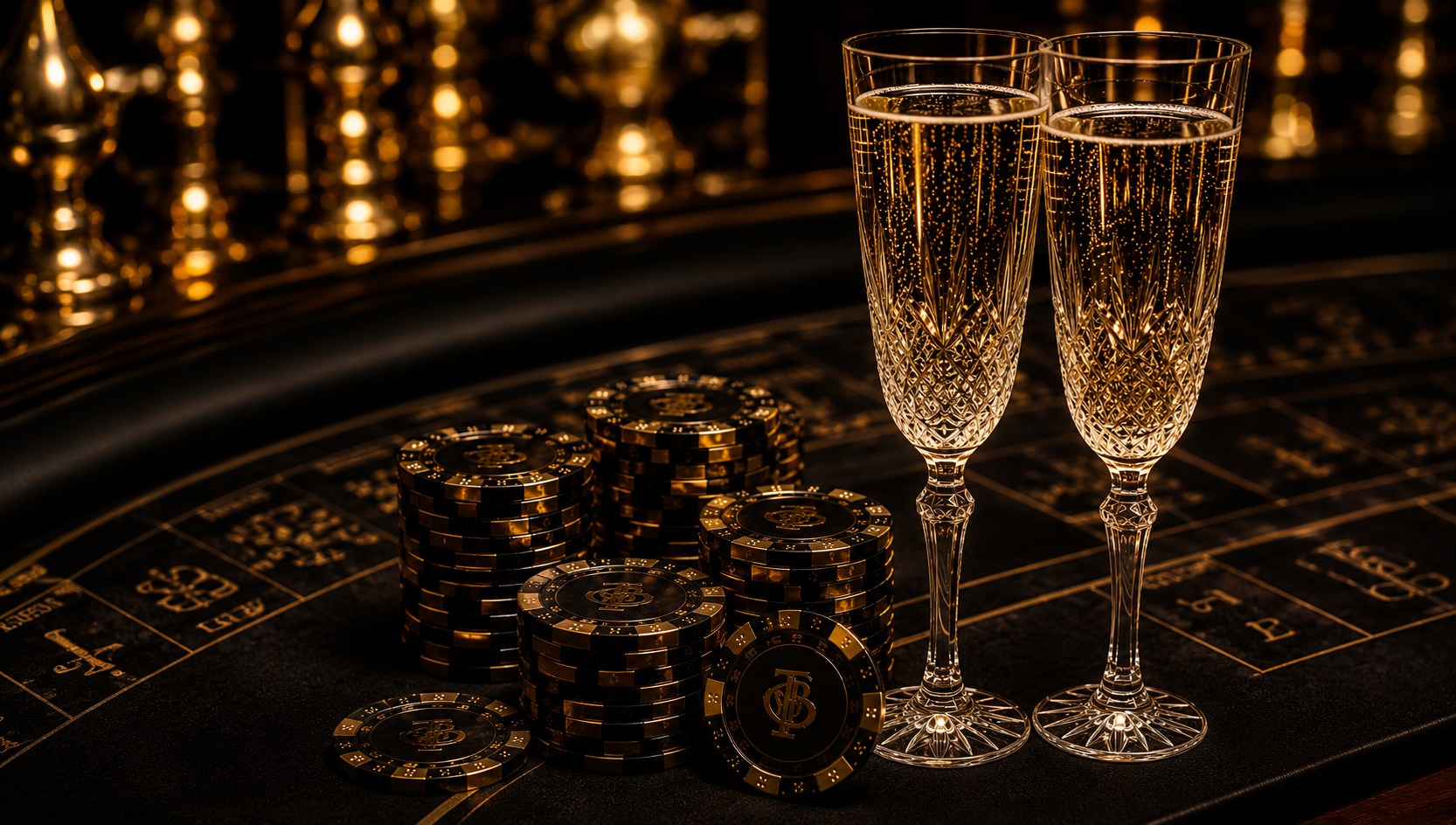Champagne flutes and gold casino chips on a private gaming table